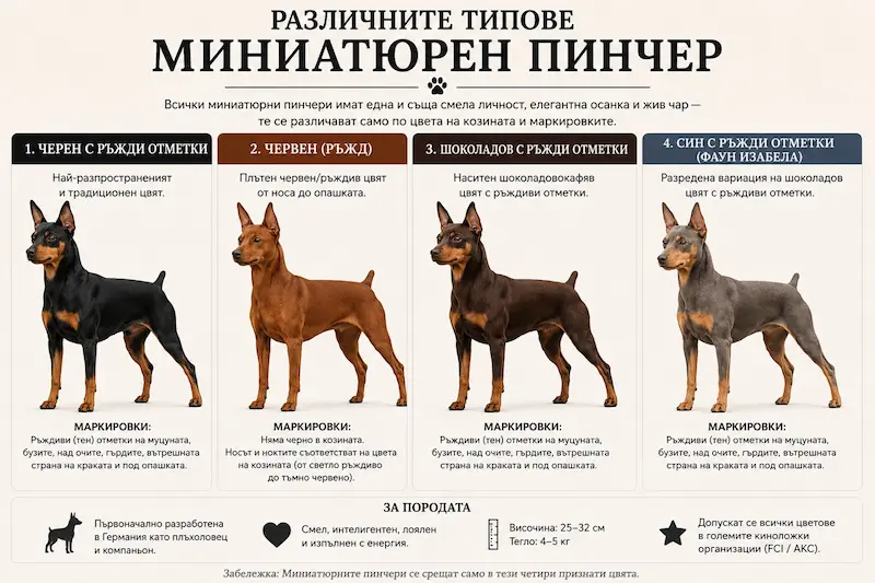 Инфографика за четири ot петте признати цвята на миниатюрен пинчер: черен с ръждиви отметки, червен, шоколадов и син с ръждиви отметки