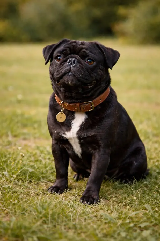 Črn Mops sedi na travi z rjavo ovratnico