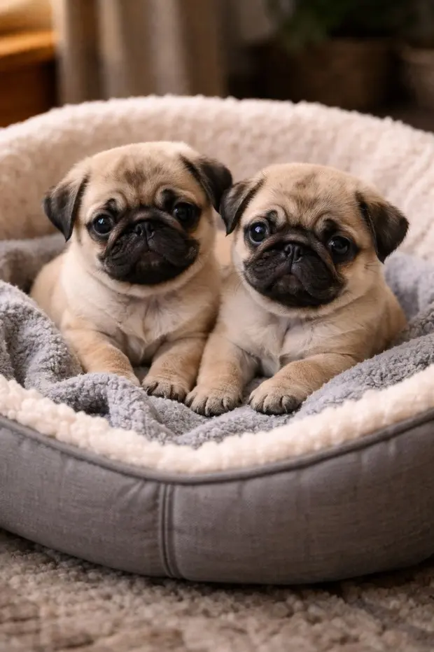 Dva mladiča Mops v pasji postelji