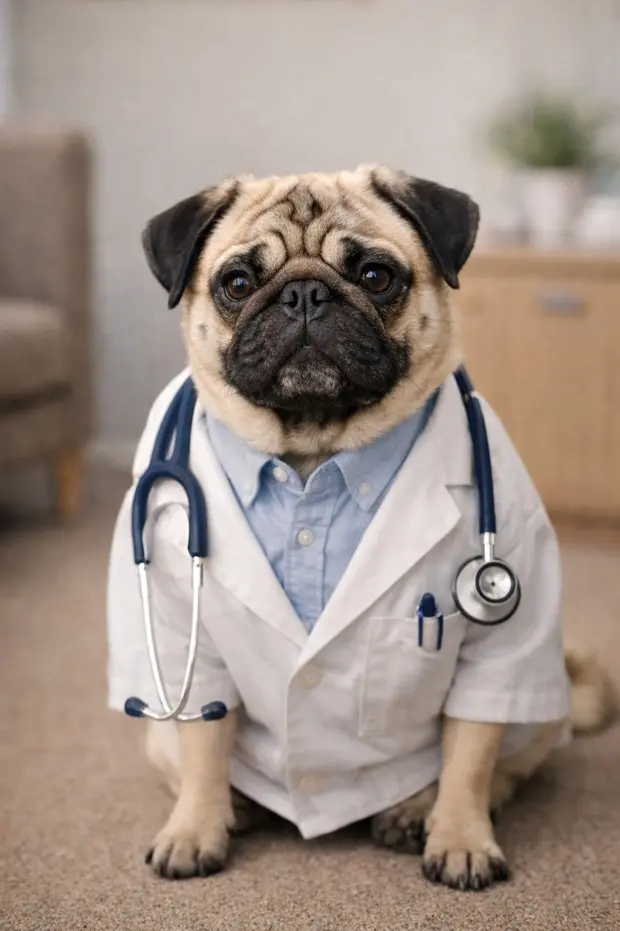 Mops na veterinarskem pregledu s stetoskopom