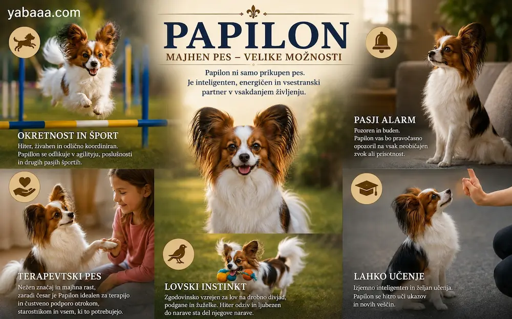 Papilon — alarmni pes, terapevtski pes, agility in enostavno šolanje