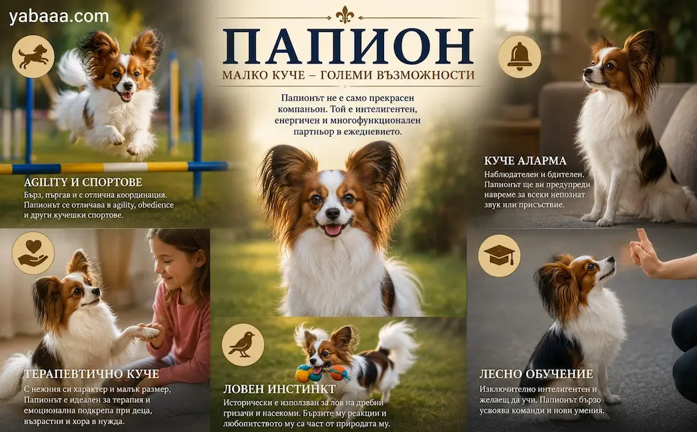 Папийон — куче аларма, терапевтично куче, agility и лесно обучение