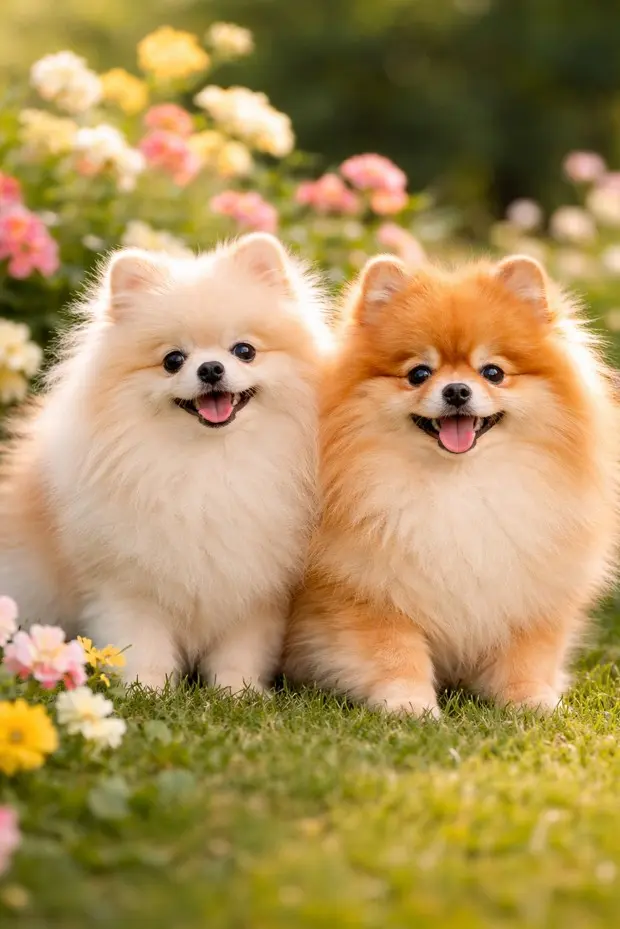 Kremasti i narančasti Pomeranac koji poziraju zajedno u cvjetnom vrtu – portret dva štenca