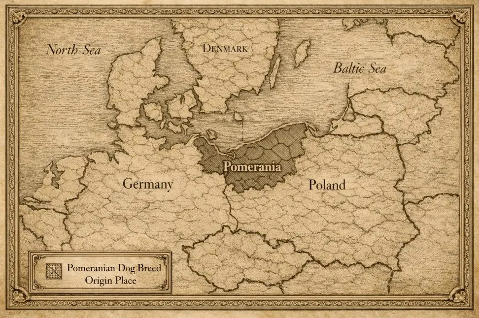 Antička karta koja prikazuje povijesnu regiju Pomeraniju između Njemačke i Poljske uz Baltičko more – rodno mjesto pasmine Pomeranac