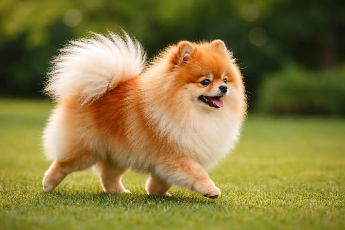 Čistokrvni pomeranac hoda zelenom livadom – simbol naše ljubavi prema životinjama