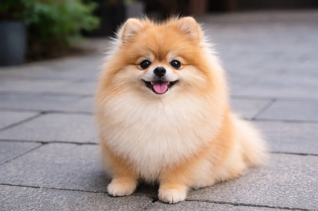 Poslušni minijaturni Pomeranac koji sjedi na terasi – prikaz dresiranog i mirnog psa za pratnju