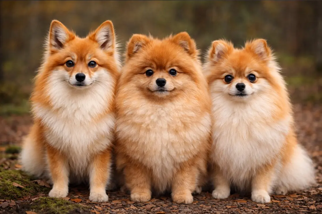 Tri Pomeranca koja prikazuju tri neslužbena tipa lica pasmine – lisičja njuška (Fox Face), plišani medvjedić (Teddy Bear) i beba lutka (Baby Doll)