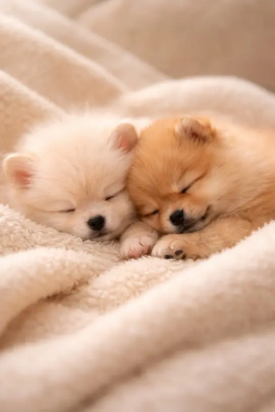 Dva uspavana štenca Pomeranca, zagrljena na mekanoj deki – prikazuju nježan i privržen karakter pasmine