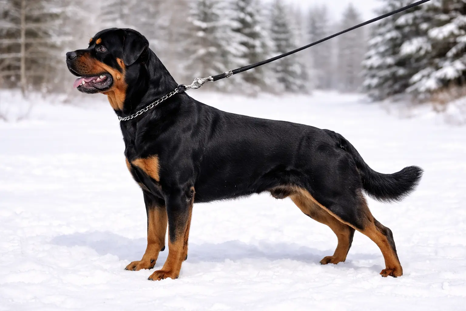 Rotvajler u profilu – snažna tjelesna građa, klasična crno-smeđa boja, vođen na povodcu u snježnoj šumi