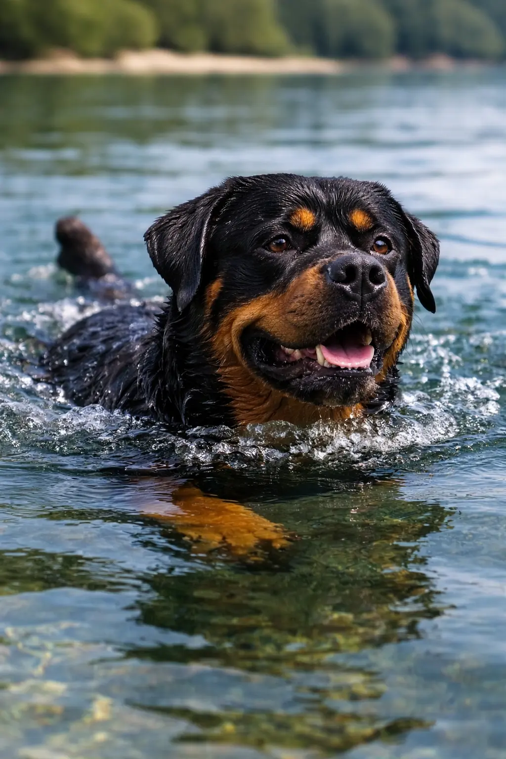 Rotvajler radosno pliva u jezeru – aktivan, energičan pas s karakterističnom crno-smeđom bojom