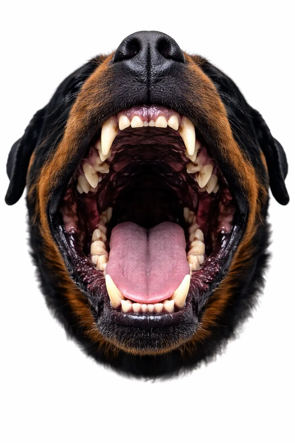 Rotvajler sa širom otvorenim ustima – demonstracija snažnog ugriza i zuba pasmine na bijeloj pozadini