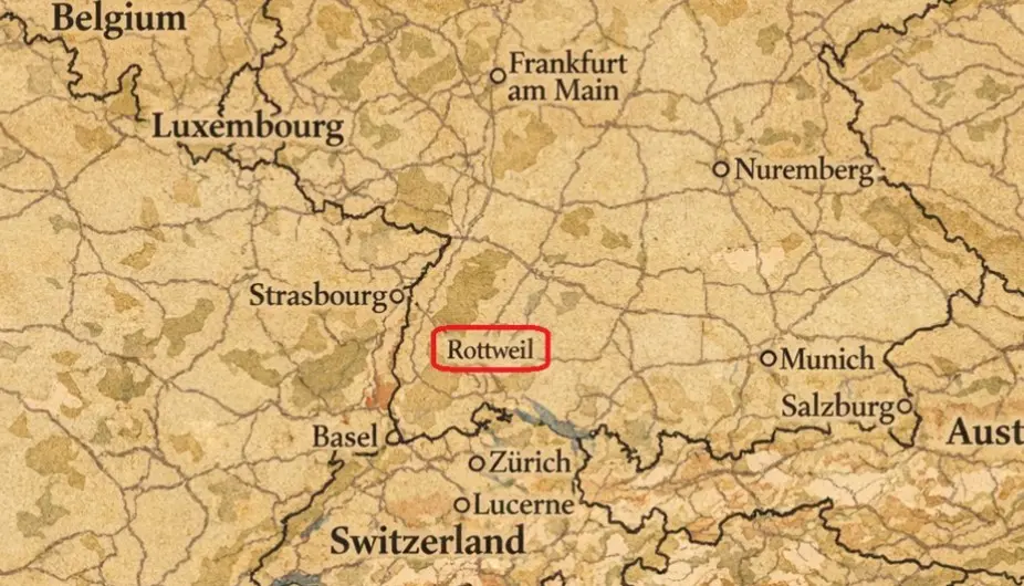 Povijesna karta Njemačke s označenim gradom Rottweil – rodnim mjestom pasmine Rotvajler, u saveznoj pokrajini Baden-Württemberg