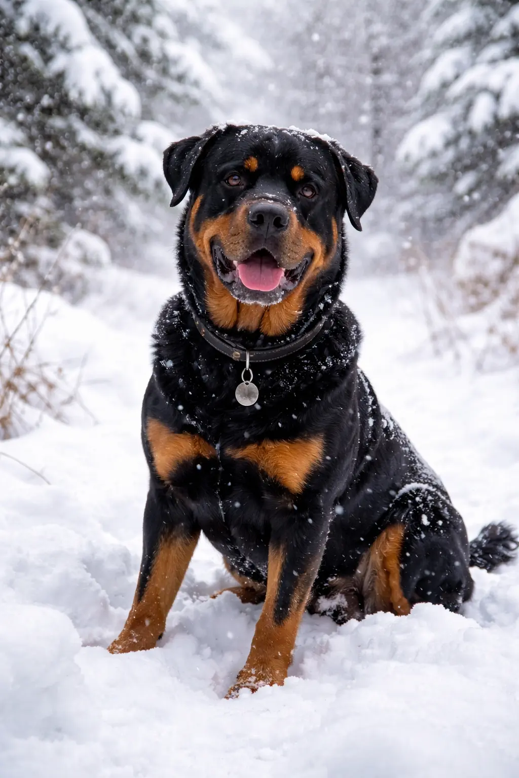 Rotvajler sjedi nasmijan u snijegu usred zimske prirode – pasmina odlično podnosi niske temperature