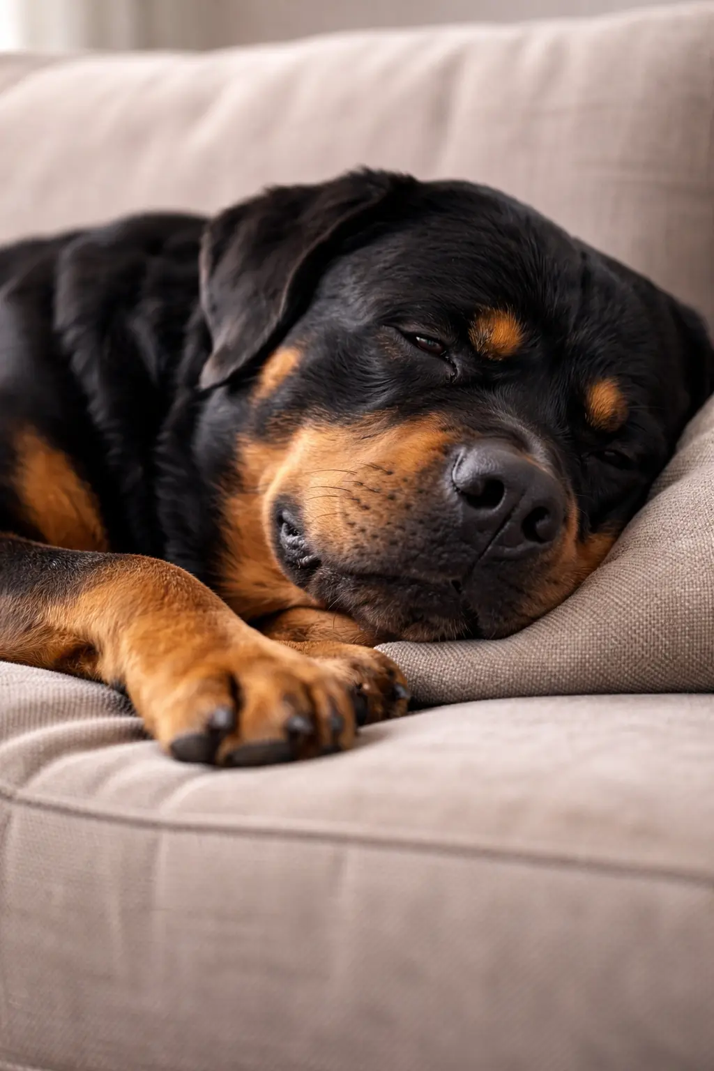 Rotvajler opušteno spava na kauču – ljubazan i vjeran kućni pratitelj u trenucima odmora