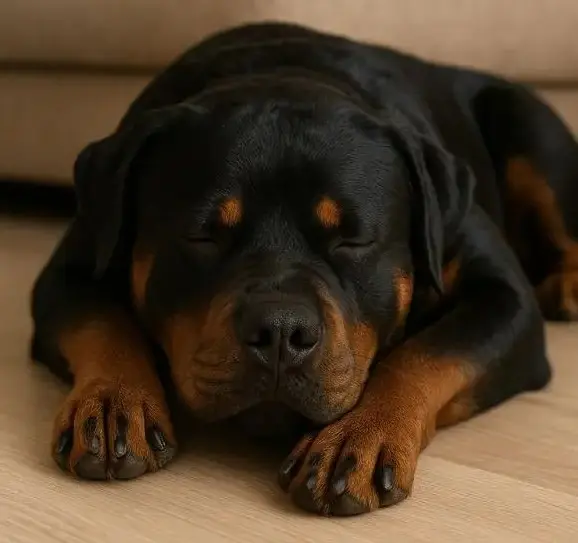 Rotvajler opušteno spava na podu kod kuće – miran i zadovoljan pas u svom kućnom okruženju