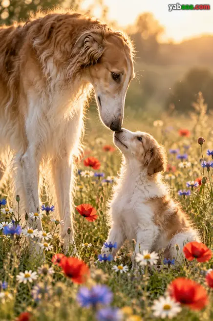 Odrasli borzoi i štene dodiruju se nosovima među poljskim cvijećem