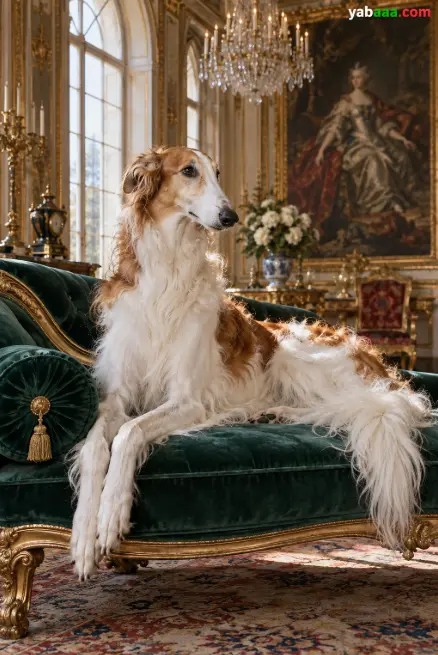 Ruski hrt borzoi, leži na baršunastom kauču u raskošnoj dvorskoj dvorani