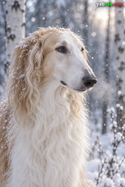 Krem borzoi u zasniježenoj brezovoj šumi, sa snježnim pahuljicama na dlaci