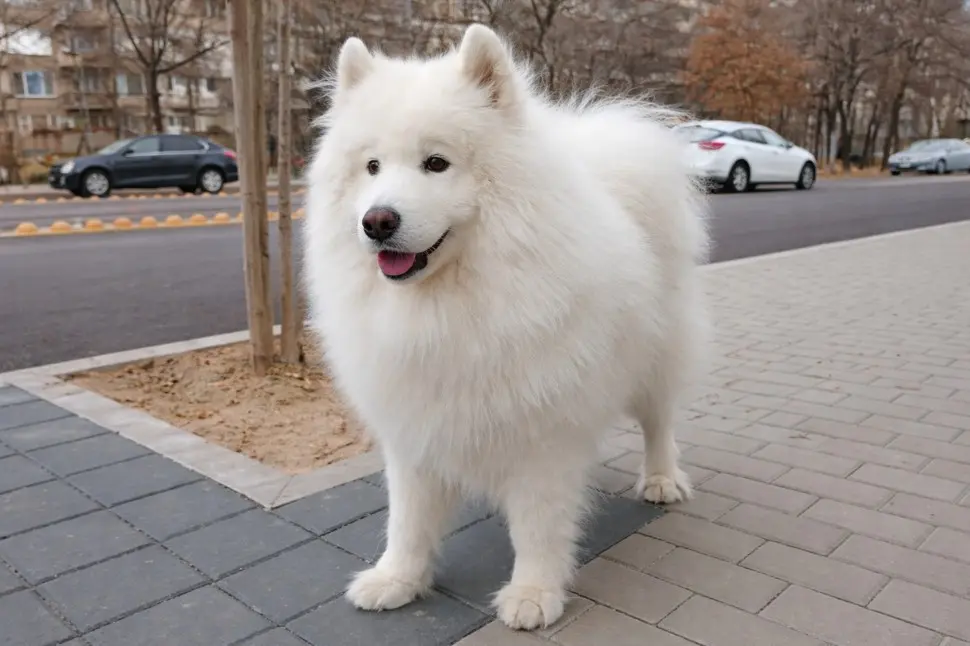 Puhast bel Samojed pozorno stoji na pločniku in kaže dobro vedenje ter socializacijo v mestnem okolju
