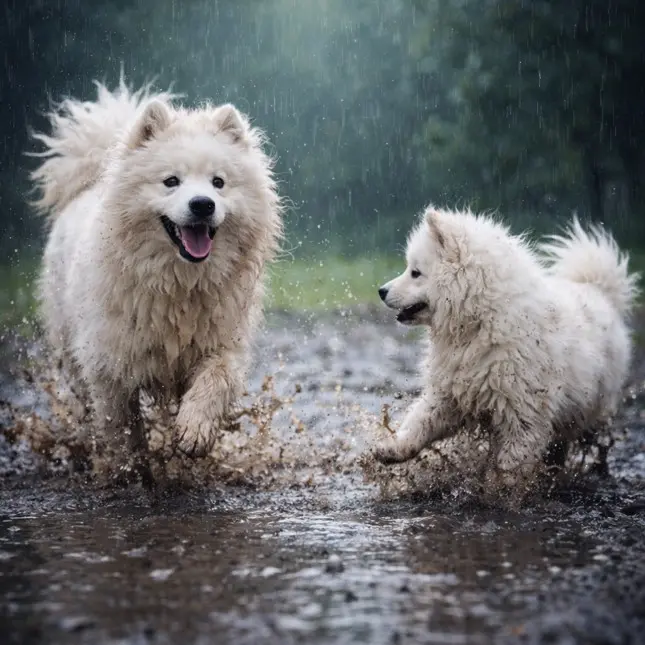Samojed in mladič samojeda se veselo igrata v deževni blatni luži in kažeta živahen temperament pasme
