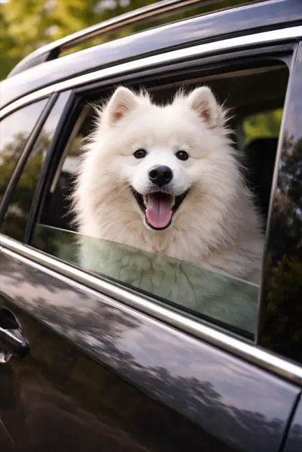 Srečen Samojed kuka z jezikom ven skozi okno avtomobila, simbol zdravega in živahnega psa