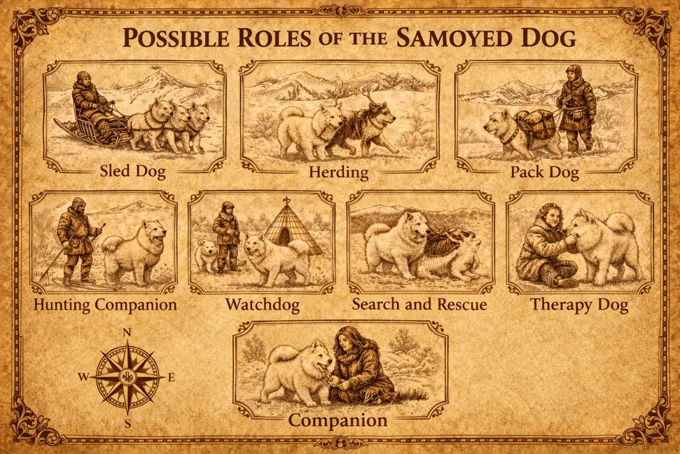 Infografika, ki prikazuje zgodovinske vloge Samojeda: vlečni pes, pastir, pes za nošenje tovora, lovski partner, čuvaj, iskanje in reševanje, terapevtski pes in spremljevalec