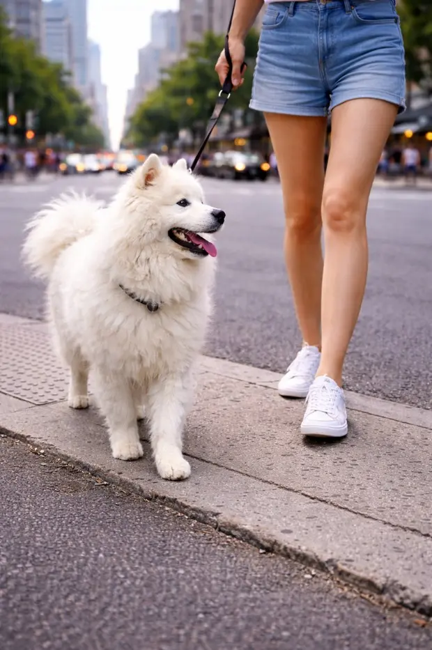 Samojed na povodcu se sprehaja z mlado žensko po živahni mestni ulici, primeren življenjski slog za aktivne lastnike