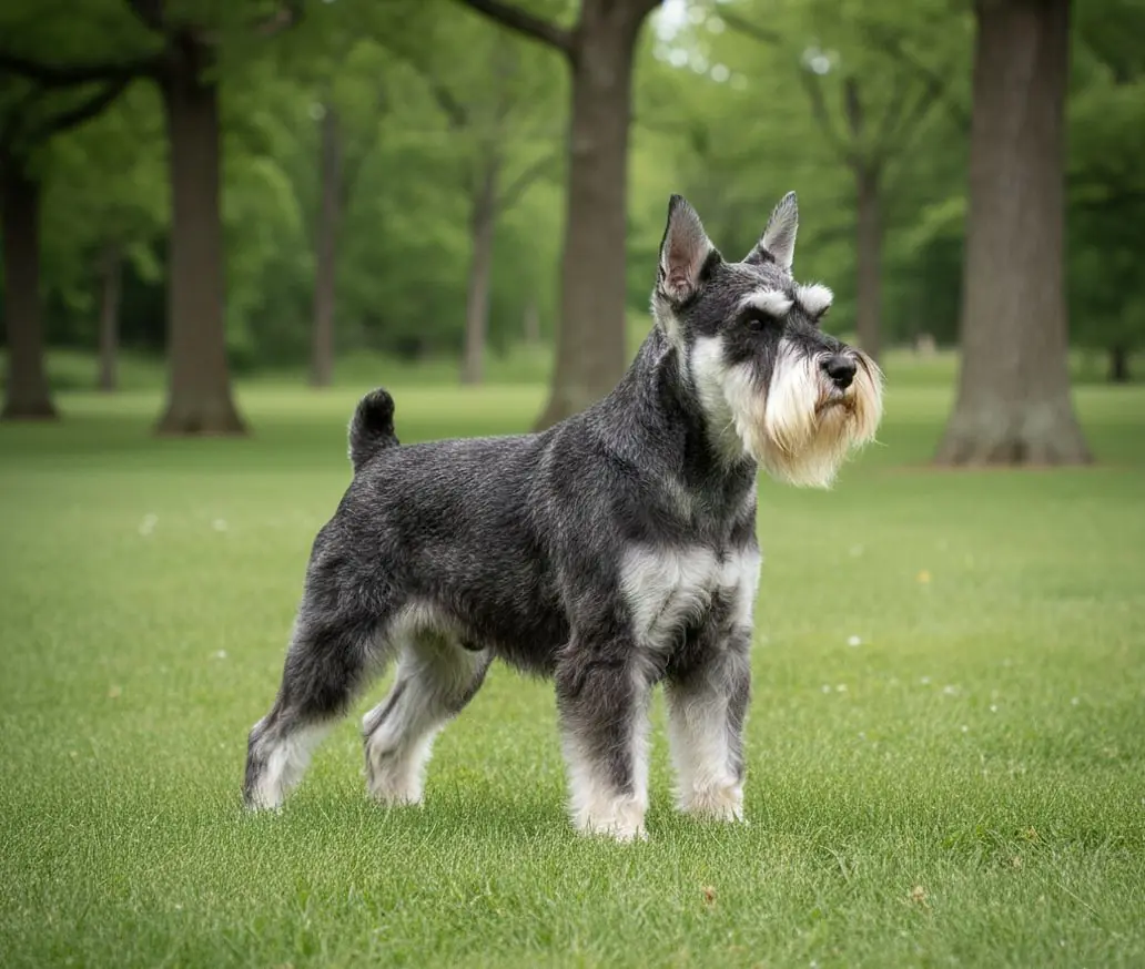 Šnavcer v polnem profilu, stoji na štirih nogah in gleda naprej.