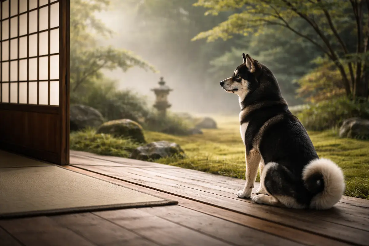Crna Šiba Inu s crno-smeđom bojom sjedi na drvenoj terasi i gleda prema tradicionalnom japanskom vrtu