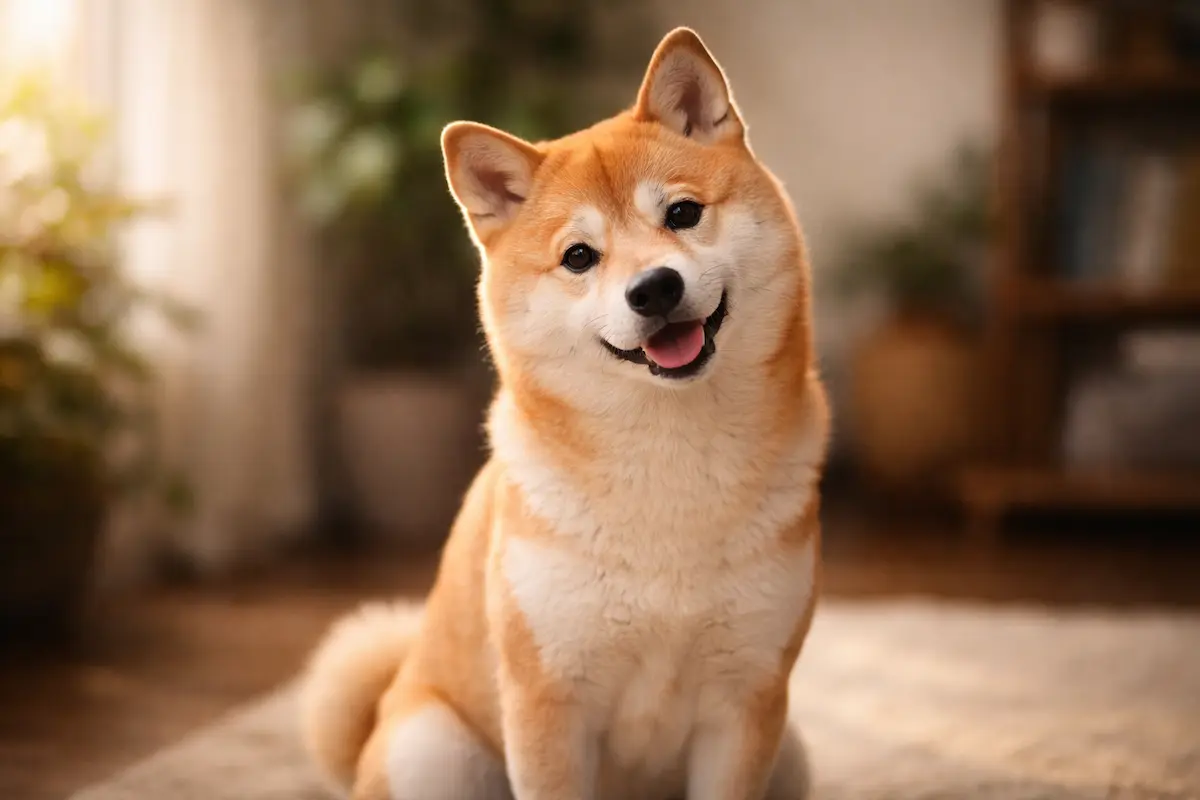 Nasmiješena crvena Šiba Inu s nagnutom glavom u kućnom okruženju
