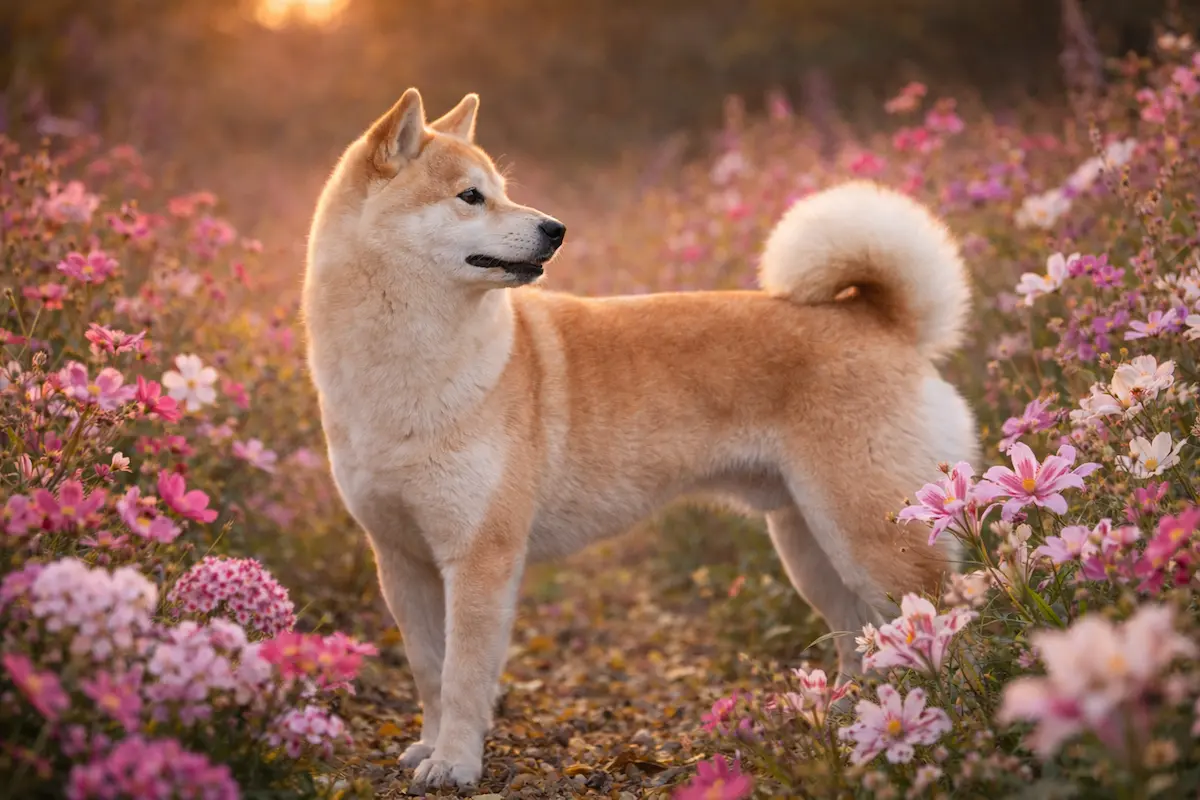 Crvena Šiba Inu stoji u polju ružičastih kozmeja u zlatnom satu