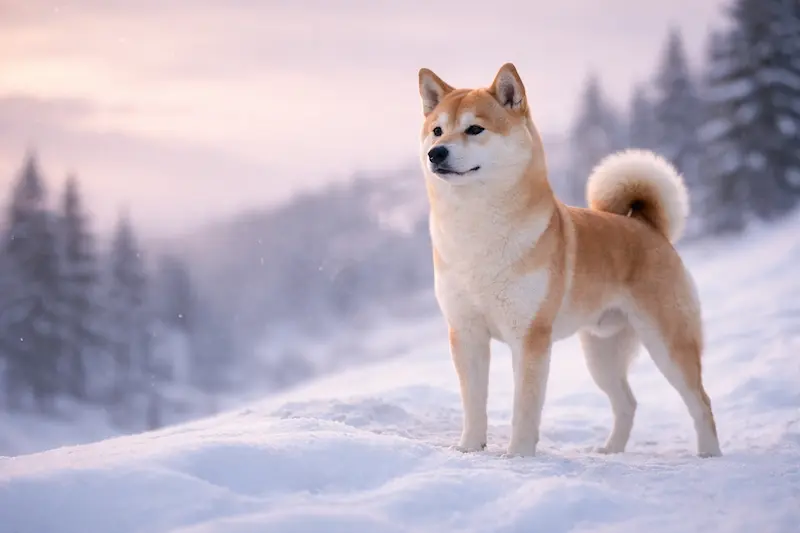 Crvena Shiba Inu stoji u snježnom planinskom krajoliku pri zalasku sunca