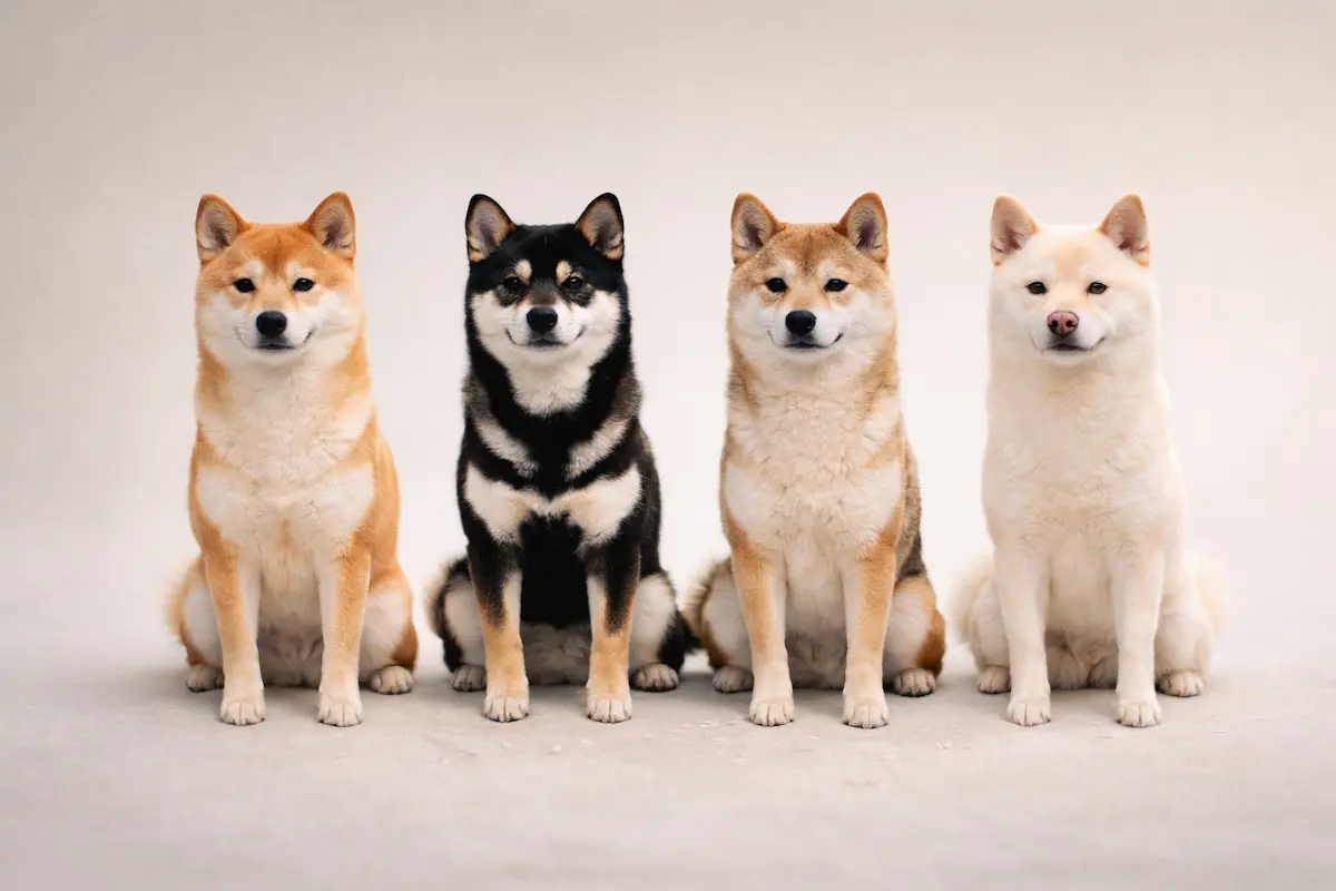 Četiri boje dlake Šiba Inu – crvena, crno-smeđa, sezam i krem – sjede jedna pokraj druge