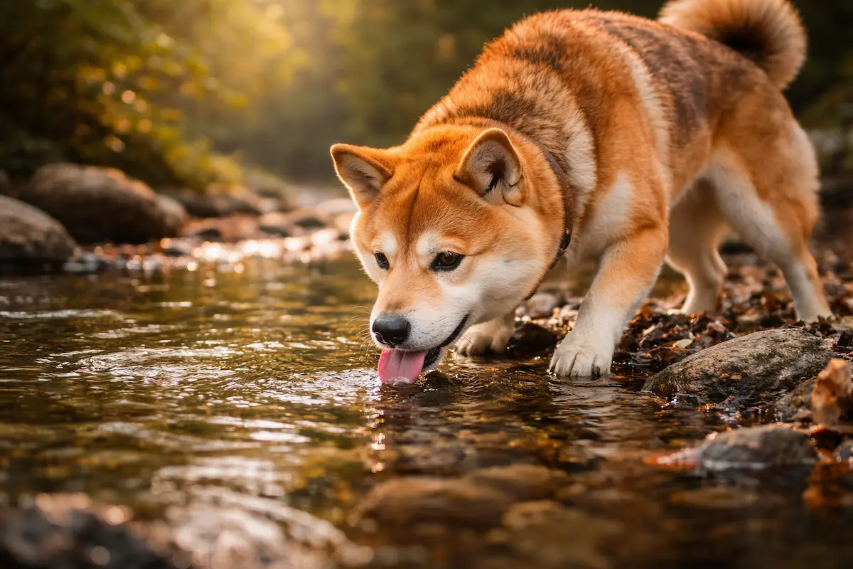 Crvena Šiba Inu pije vodu iz planinskog potoka usred jesenske prirode