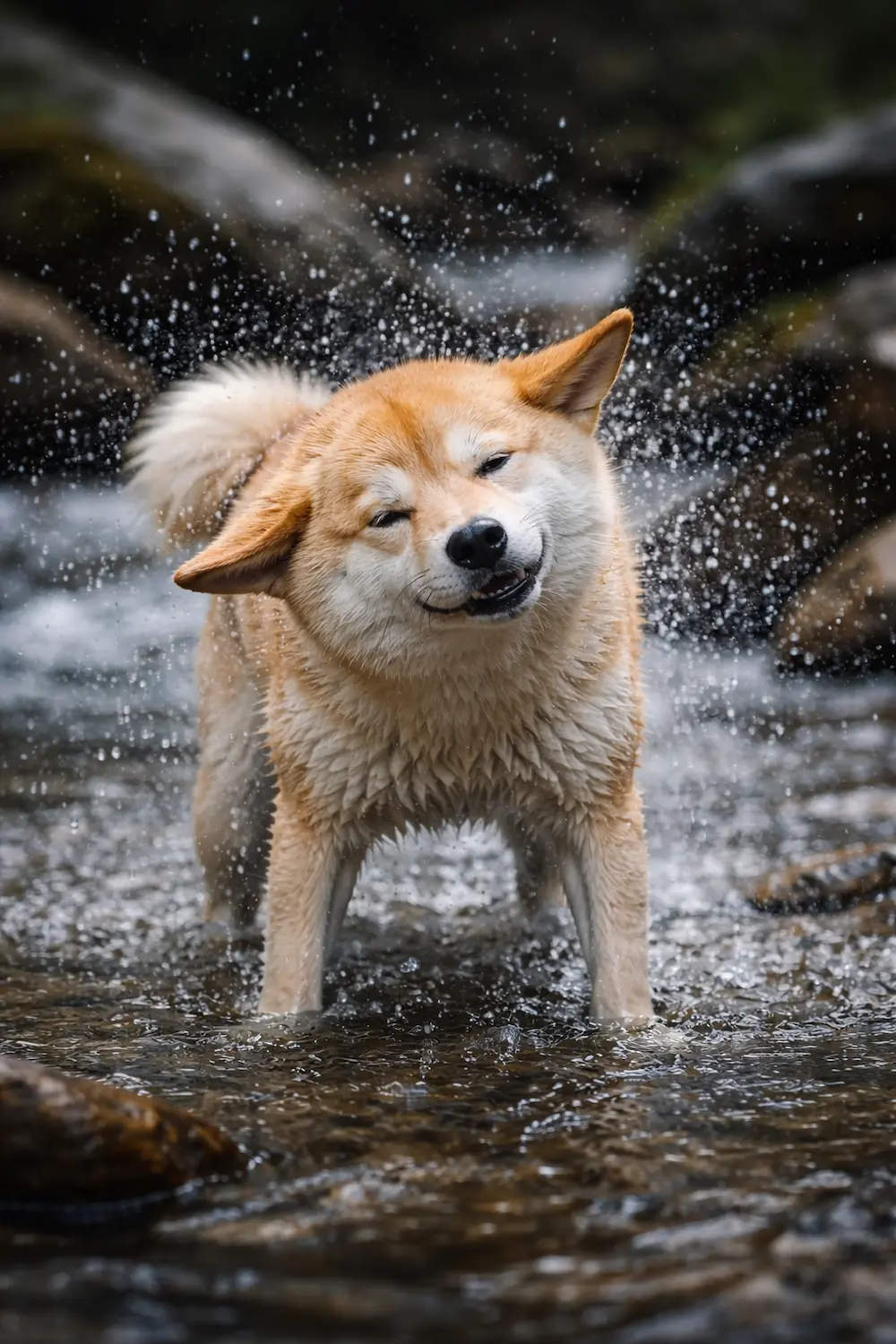 Mokra Šiba Inu otresa vodu u planinskom potoku – kapljice posvuda