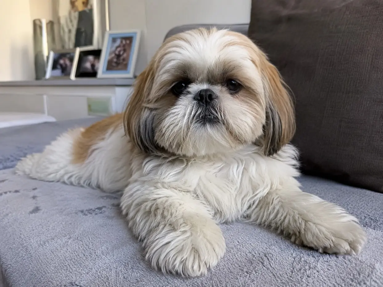Shih Tzu se opušta na kauču kod kuće – tipično ponašanje ove pasmine pratioca