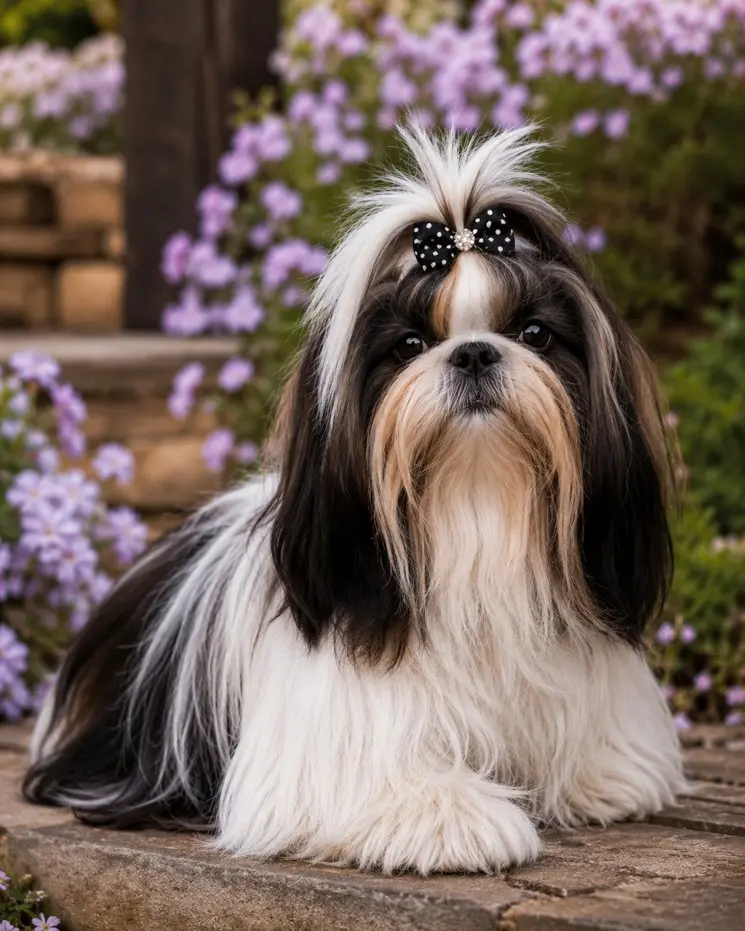 Crno-bijeli Shih Tzu s mašnom u vrtu s cvijećem – njegovana dlaka nakon groominga