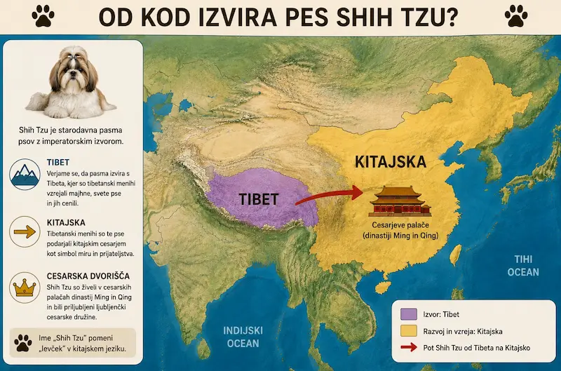 Infografika – od kod prihaja pes Shih Tzu: pot iz Tibeta do kitajskih cesarskih dvorov dinastij Ming in Qing