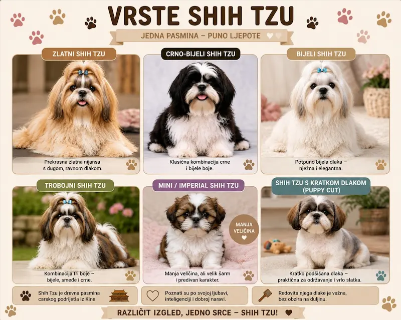 Infografika – vrste Shih Tzua: zlatni, crno-bijeli, bijeli, trobojni, mini Imperial i Shih Tzu s kratkom dlakom Puppy Cut