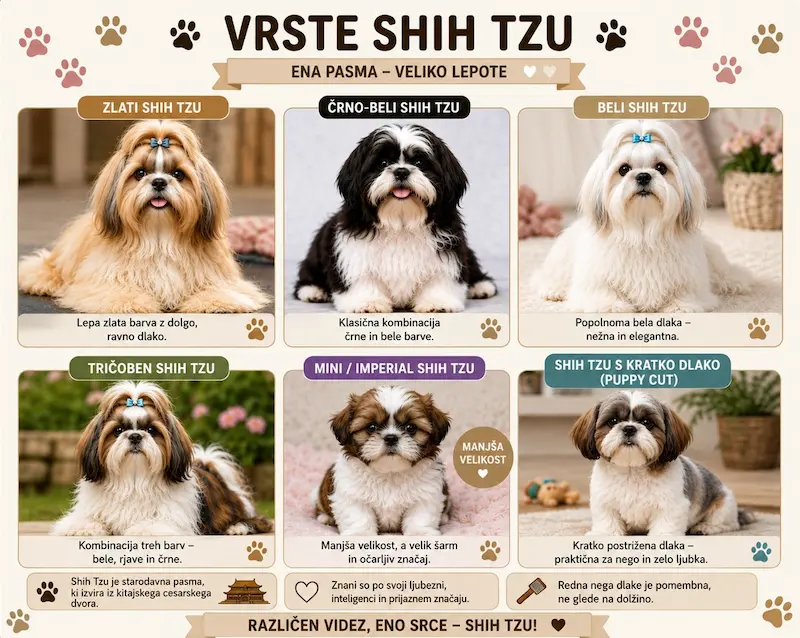 Infografika – vrste Shih Tzuja: zlati, črno-beli, beli, tribarven, mini Imperial in Shih Tzu s kratko dlako Puppy Cut