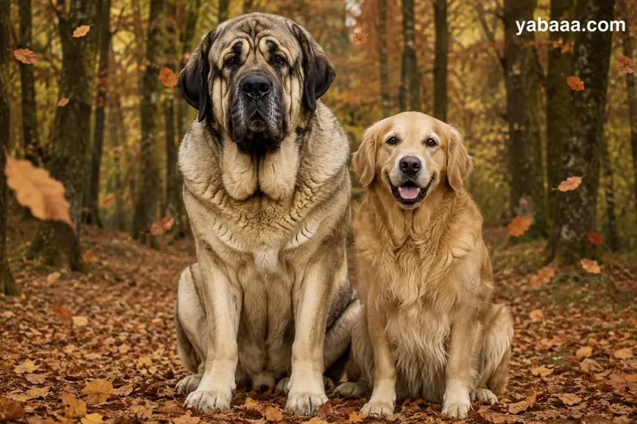 Španski mastif ob golden retrieverju v jesenskem gozdu — ponazoritev impresivne velikosti pasme