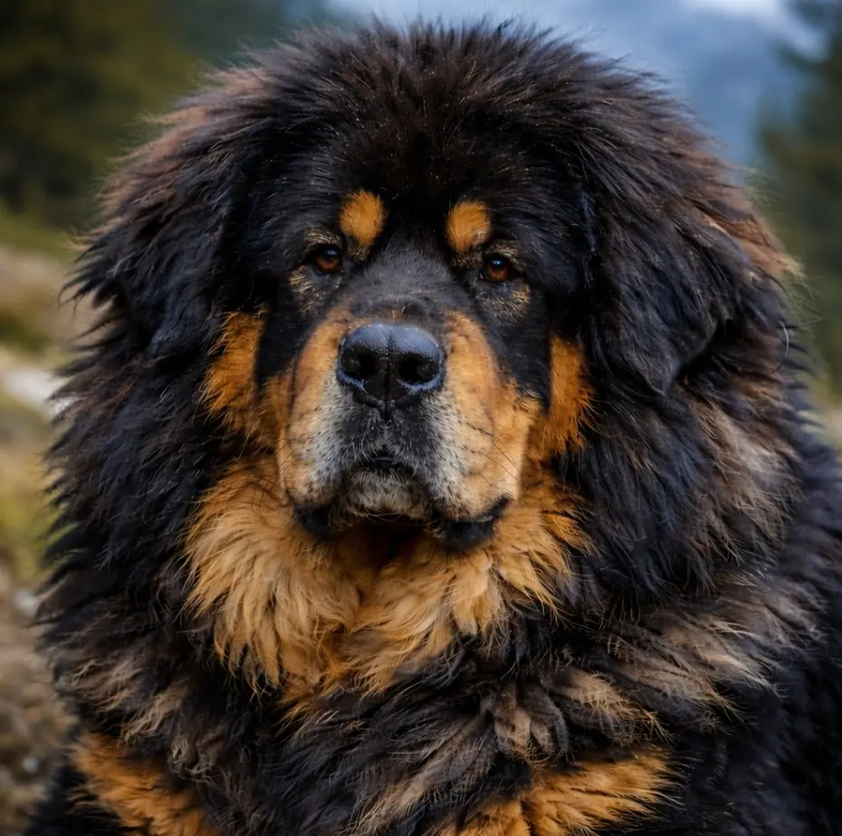 Едър план на главата на тибетски мастиф с характерната лъвска грива