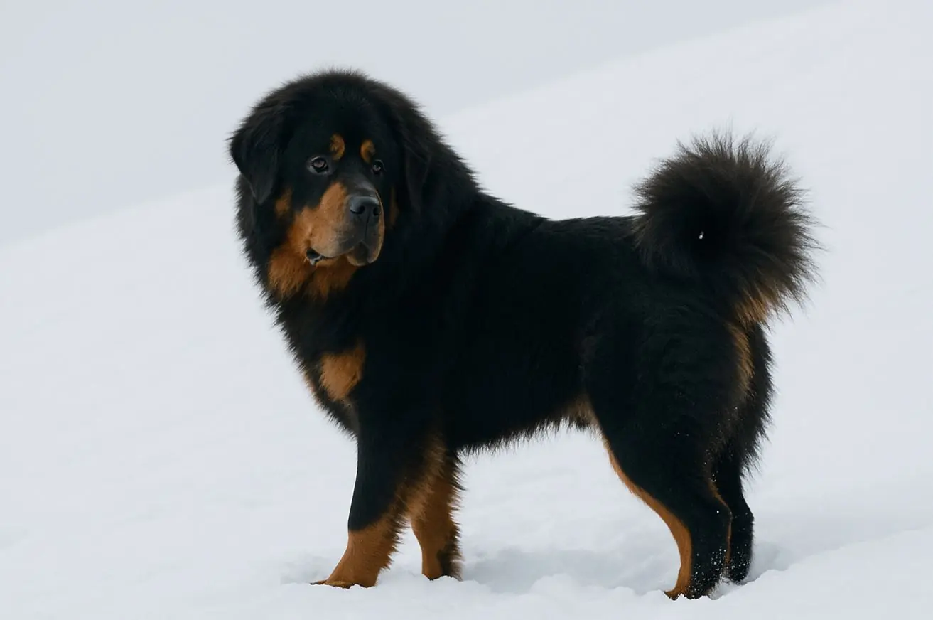 Черен тибетски мастиф с кафяви маркировки – пълна фигура в профил на снежна фона