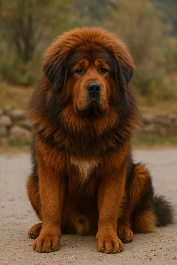 Червен тибетски мастиф седи в портретна поза – показва златисто-червения цвят на козината