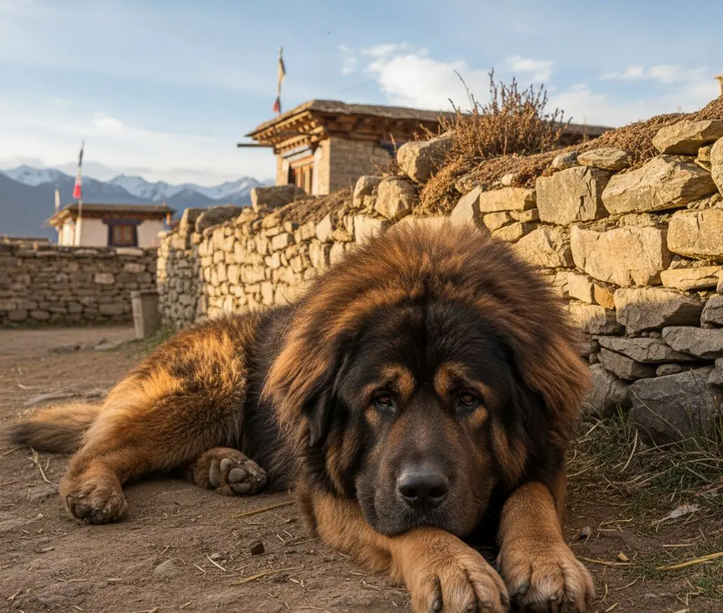 Тибетски мастиф легнал до селска каменна стена.