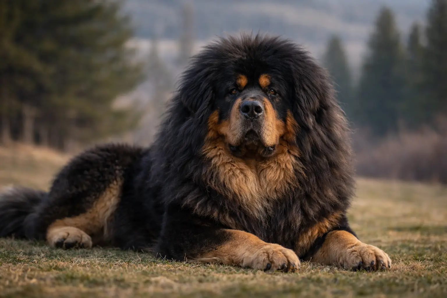 Тибетски мастиф лежи на открито с гора на заден план – показва красотата на двойната козина