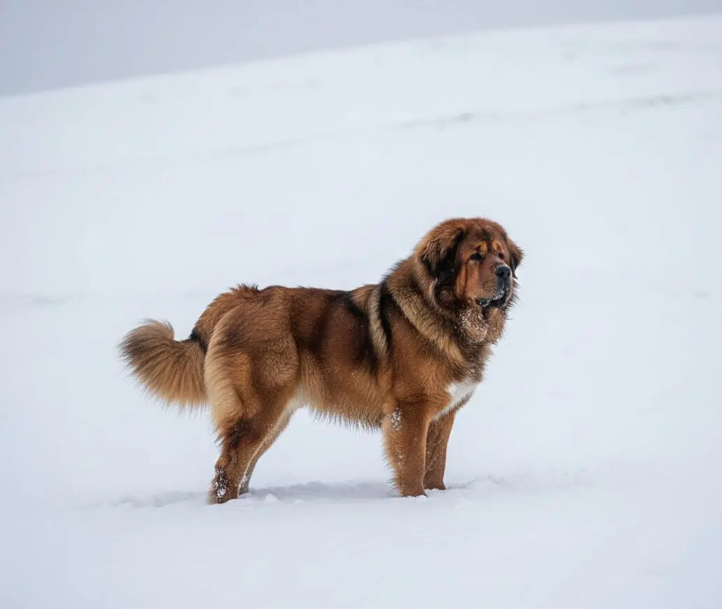 Червен тибетски мастиф стои в сняг – пълна фигура, показваща здравото и мощно телосложение