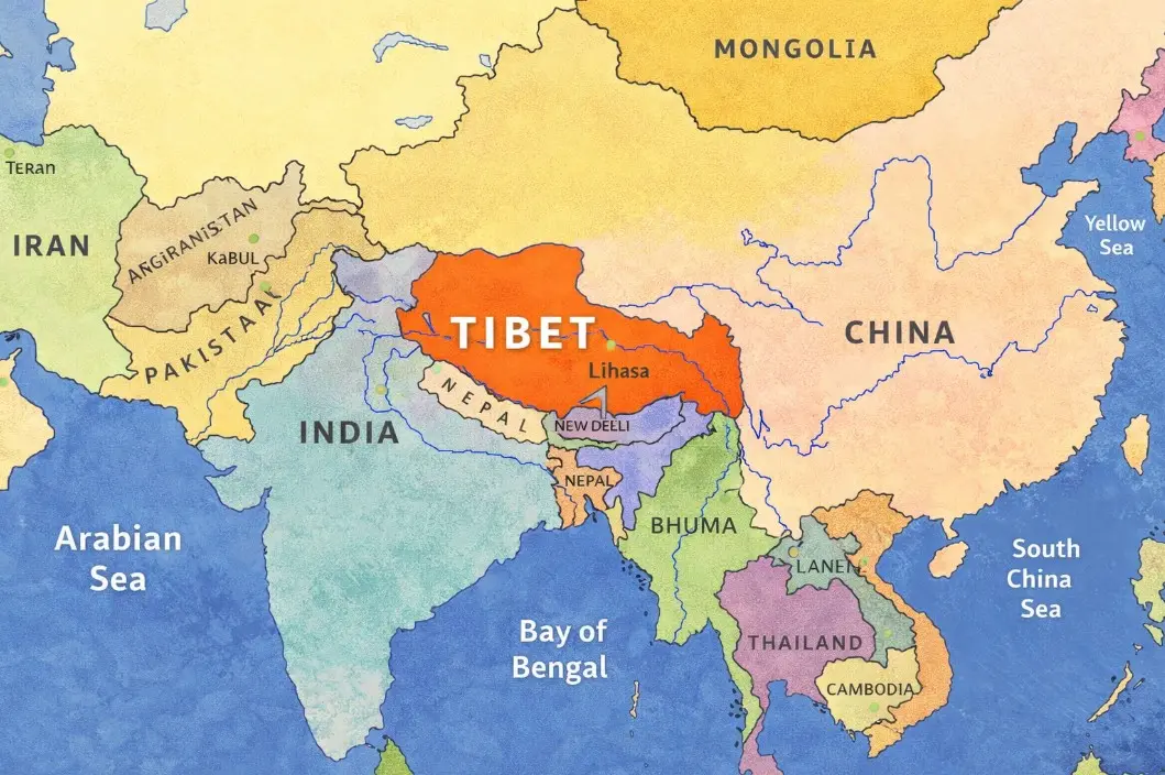 Карта на Азия, показваща местоположението на Тибет – планинско плато в Централна Азия