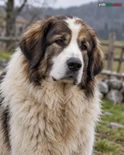 Portret tornjaka s tamnim očima, visećim ušima i gustom bijelom dlakom oko vrata