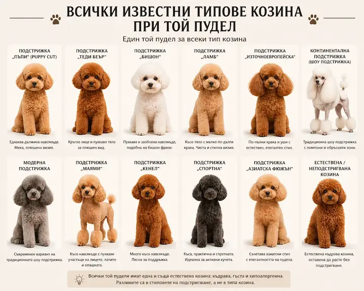 Всички известни типове подстрижки и стилове козина при Той пудел